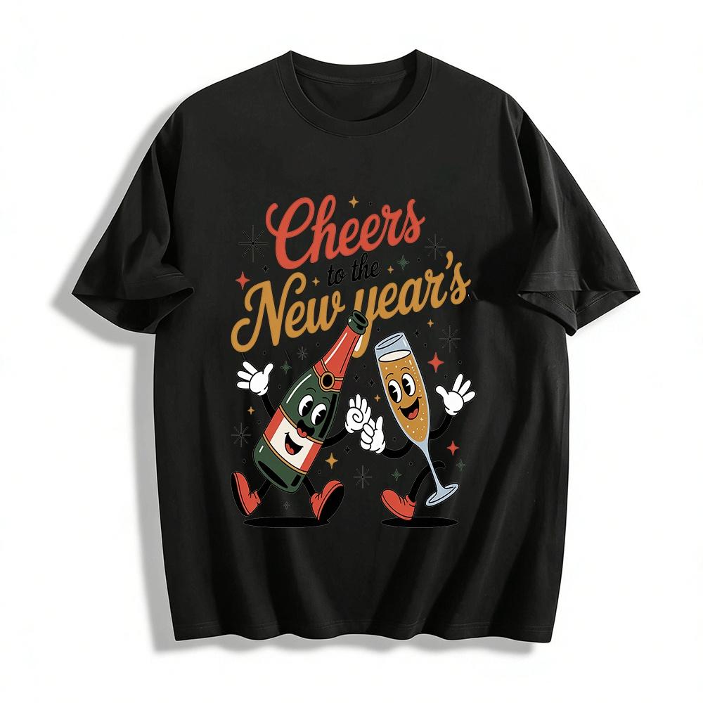 Cheers To The New Year Retro Cartoon Print Casual Top Pure cotton T-shirt XXS