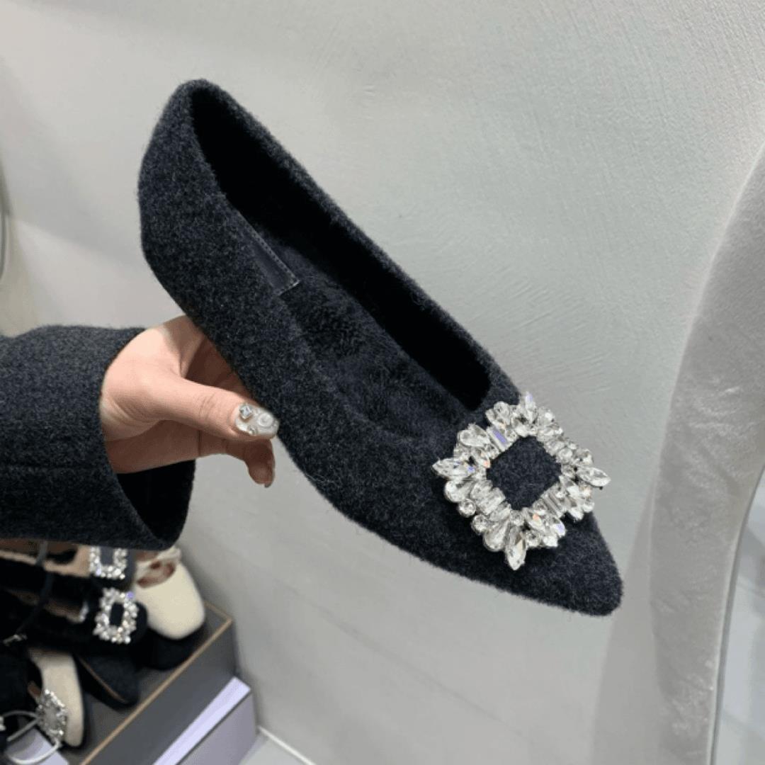 Pointed plush shoes, annual plush rhinestones, black with skirt, inner height-increasing single shoes, women s cotton. 35