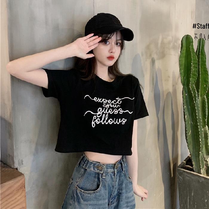 Summer 2024 Korean Style Letter Embroidered Cropped Slim Fit T-Shirt for Women