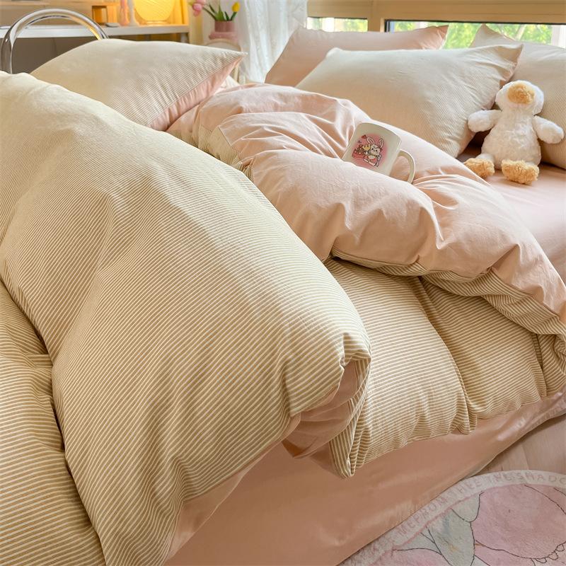 High Quality Striped Printed Pure Cotton Bedding Sets Skin Friendly Breathable Soft Quilt Kit Non Color Fading Bed Set