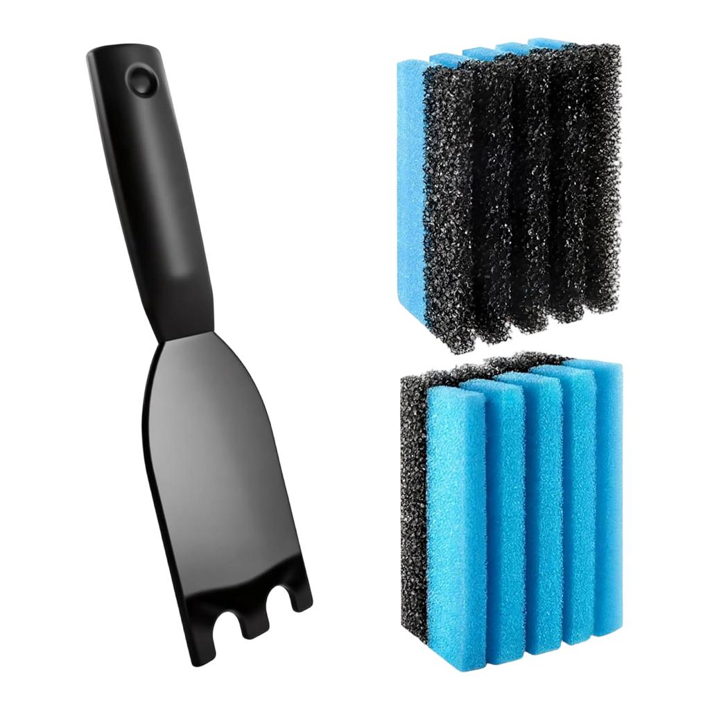 Grill Scraper Tool and Heavy Duty Cleaning Sponges Set for BBQ Grates and Outdoor Cooking Surfaces Durable Handle and Multi-Textured Scrubbing Pads