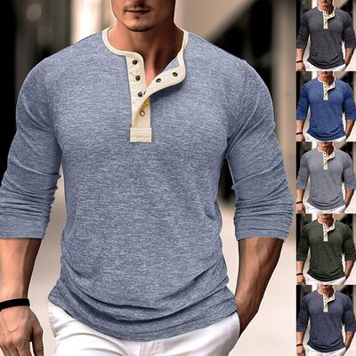 Mens Plain Long Sleeve Henley T Shirt Casual Pullover Loose Tops Solid Blouse