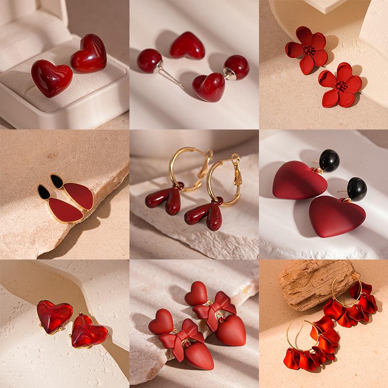 Retro Red Heart Flower Geometric Silver Earrings: Elegant Autumn & Winter Accessories for Women