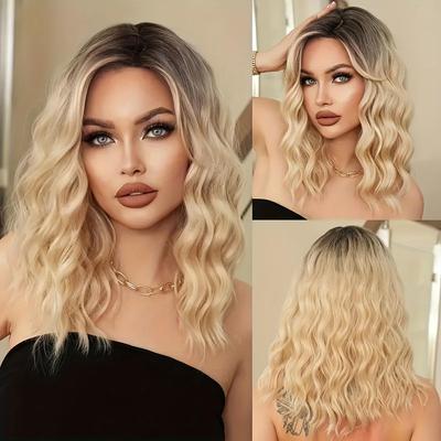 Elegancka blond peruka z ciemnymi odrostami - bez kleju, fale wodne i luźne loki - przyjazna dla początkujących, przedziałek na środku, syntetyczne włosy dla wszystkich kobiet