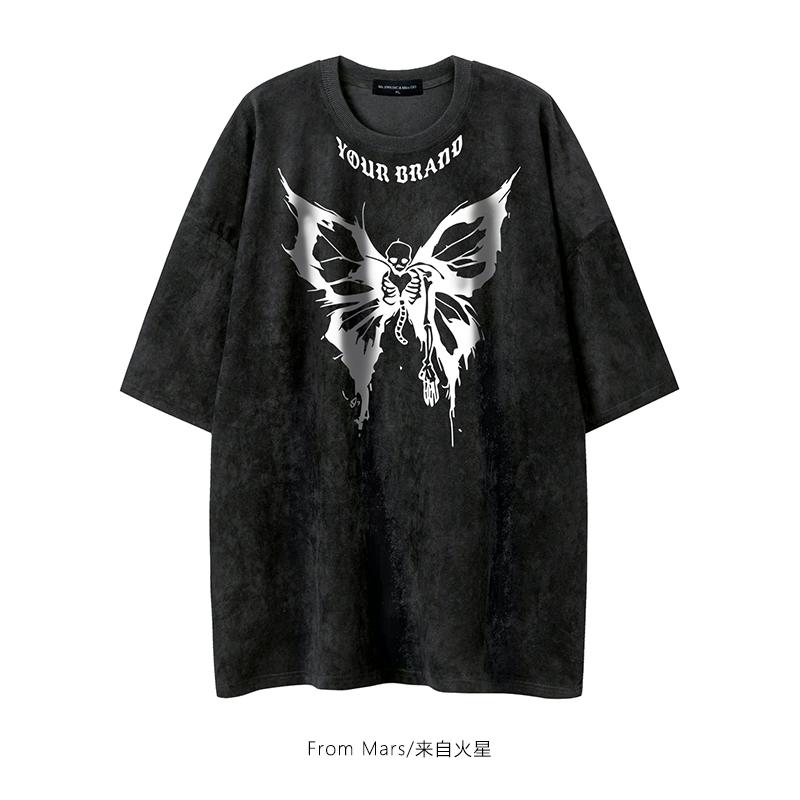 Men's Suede Drop Shoulder Jacket T Loose Comfortable Printed Letter Trendy Brand Short Sleeve T-Shirt