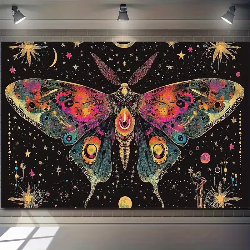 2D Mystical Tapestry - Vibrant Lunar Moth, Astrology Symbols & Starry Night Wall Art