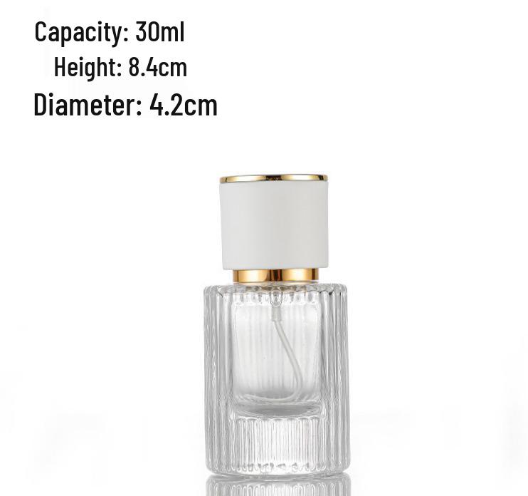 High-End Transparent Cylindrical Perfume Bottle with Vertical Stripes and Screw Cap, Available in 30ml, 50ml, and 100ml.