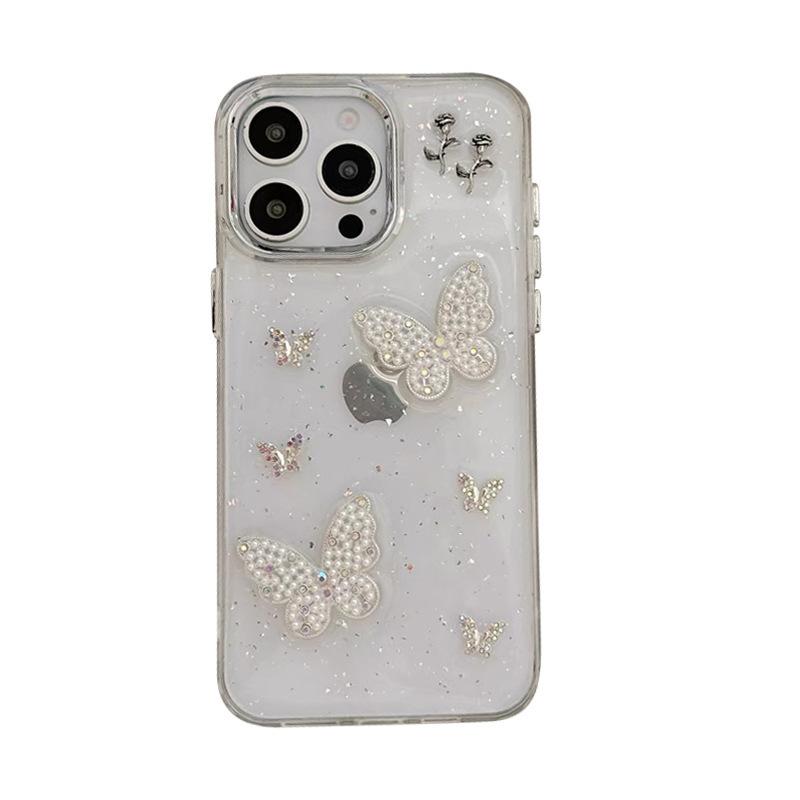 Applicable iPhone15promax mobile phone case Apple 16 premium pearl butterfly glitter 14plus protective case female