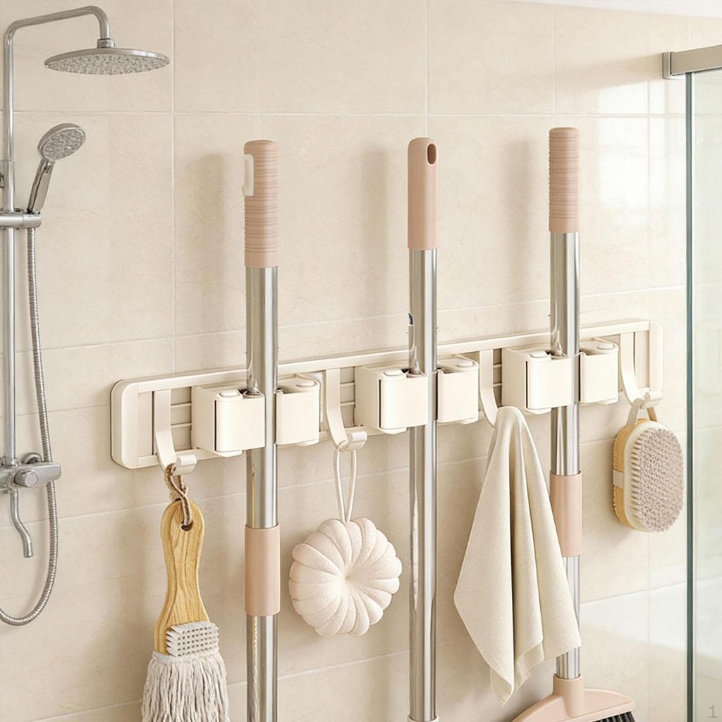 Broom Holder Mop Organizer Garage Storage Rack Space Saving Anti Slip Wall Mount, for Bathroom