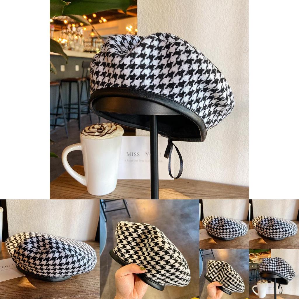 Trendy Designer Houndstooth Beret Flat Top Summer Hat For Women