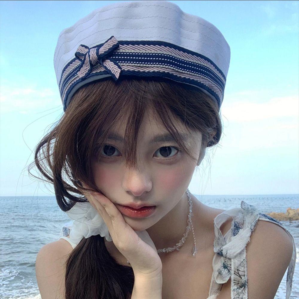 Japanese Women's Navy Hat Flip Brim Y2k Berets Fashion Bow Sailor Caps  Streetwear