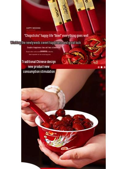 Red Wedding Tea Set: Teacups, Bowls, Chopsticks for Toasting & Dowry