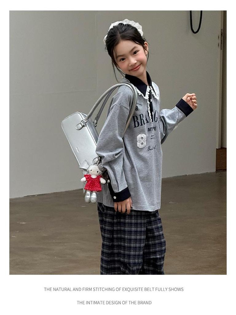 Girls' Heather Grey Long Sleeve Polo Shirt with Lace Collar - Autumn 2025 Collection