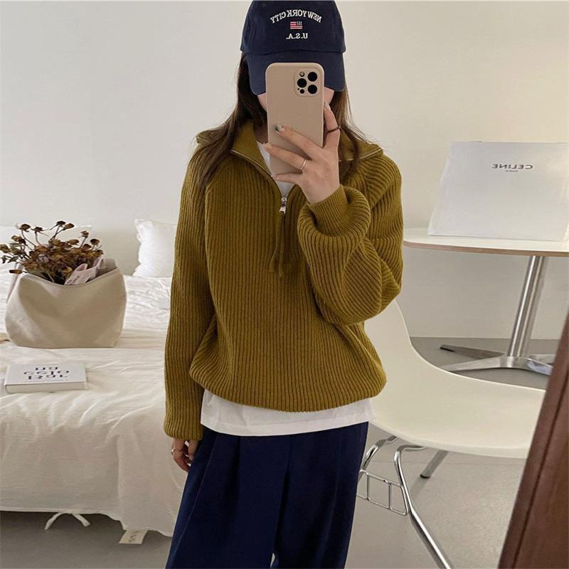 Autumn and Winter Women's Pit Stripes Half-zipper Sweater Design Sense of Stand-up Collar Soft Loose Lazy Wind Outside The Wear Sweater Tops