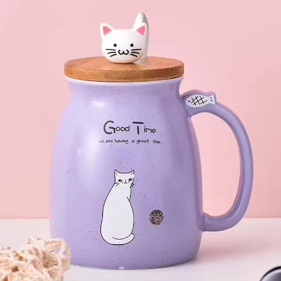 380ml Kawaii Cat Ceramic Mug Set with 3D Kitten Lid & Spoon, Large Capacity Milk Tea Water Cup, Personalized Birthday Gift