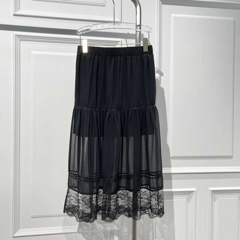

Fashionable All-Match High Waist Stitching Lace Chiffon Skirt for Women 2025 Spring New Arrival Loose High Slimming Midi Dress Black One size