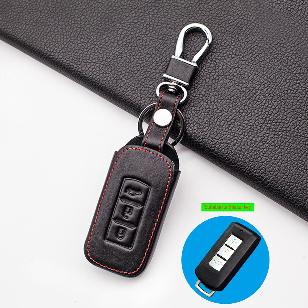 Leather Car Key Case Cover Set Fob For Mitsubishi Outlander Lancer Ex Asx Colt Grandis Pajero Sport 3 Buttons Remote Key Bag