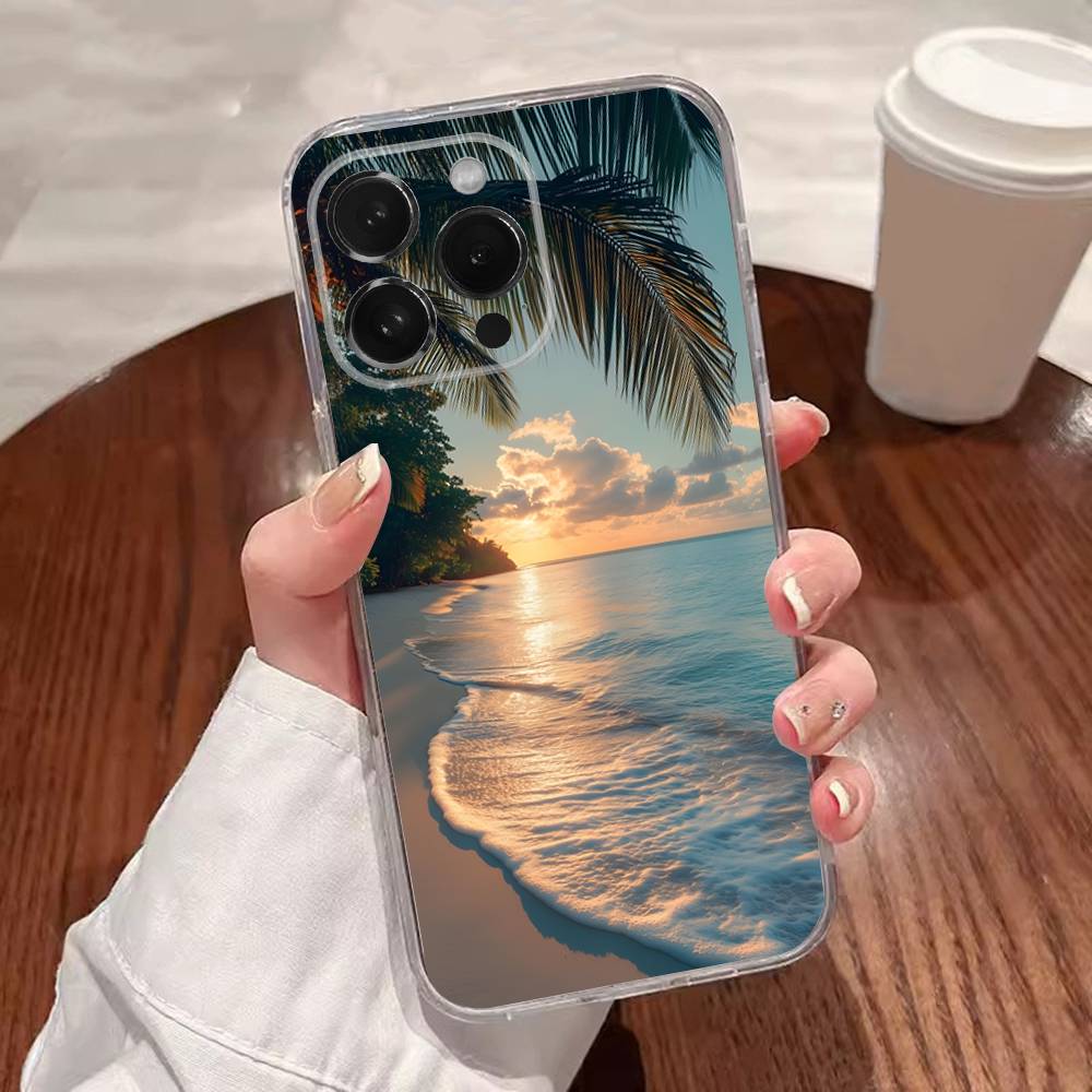 Sea Tropical Palm Trees Beach Phone Case For iPhone 17,16,15,14,13,12,11 Plus,Pro,Max,XR,XS,Plus,E,SE4,Mini Transparent Cover