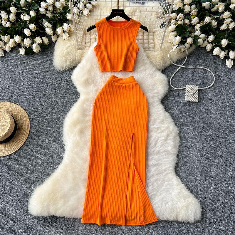 

Pure Desire Suit Women s Sexy Sleeveless Short Cropped Tank Top Women s Top + High Waist Slit Package Hip over-the-Knee Skirt Orange One size