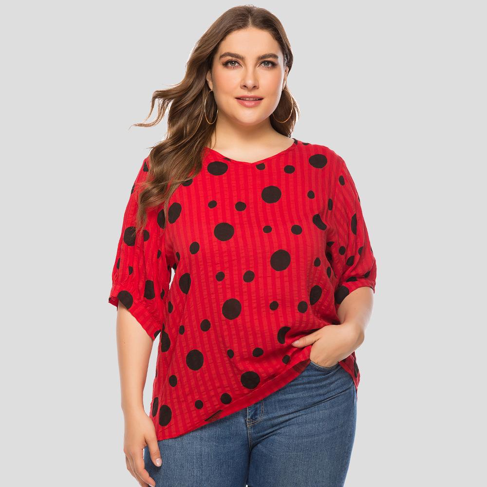 Sommerskjorte for kvinner Stor størrelse Polka Dot Print Løs Uformell kortermet T-skjorte