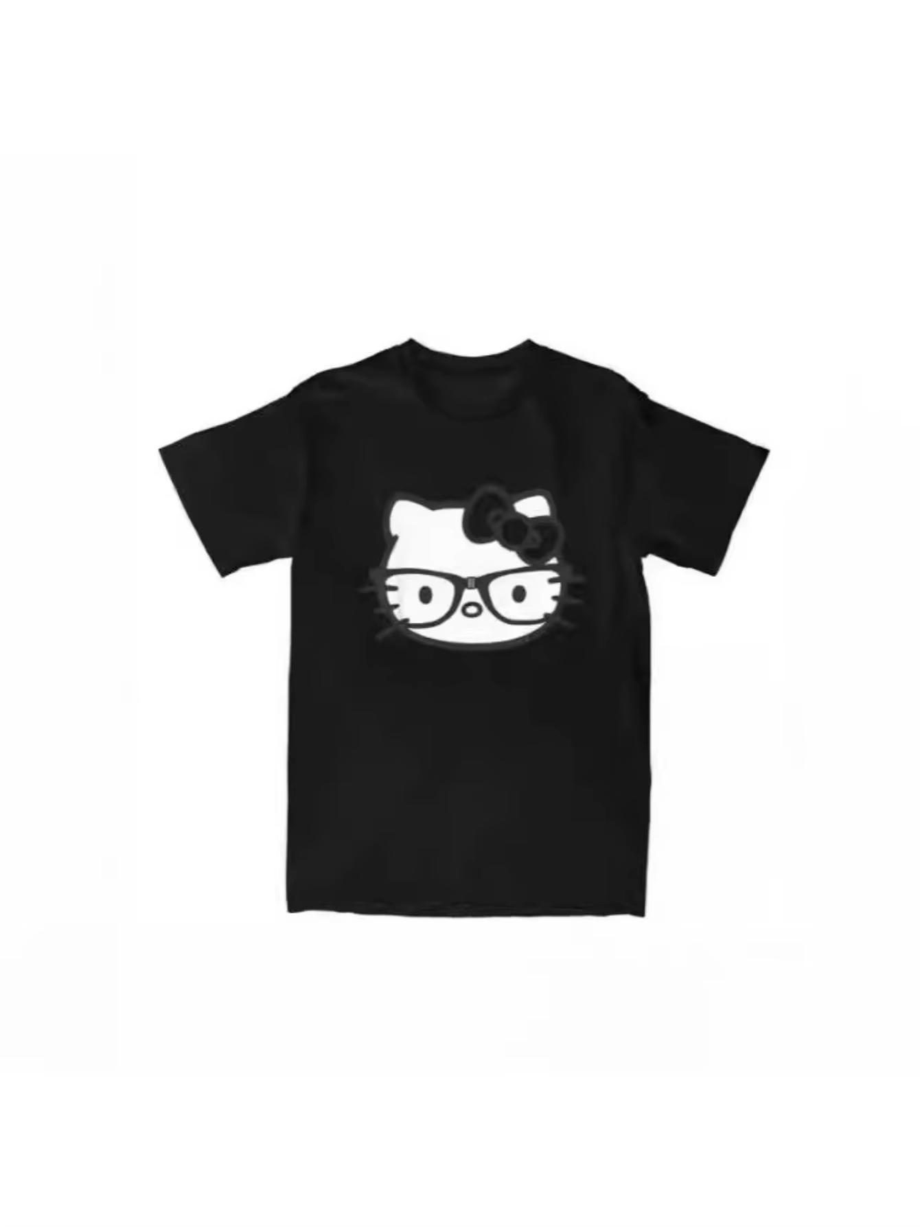 

Unisex and Women Tshirt Cute Glasses Printed Spring Summer and Fall Shortsleeved Sanrio Hello Kitty Couple S