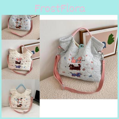 Adorable Embroidered Cartoon Shoulder Bag Large Capacity Commuter Tote Bag In White Blue Yellow And Pink