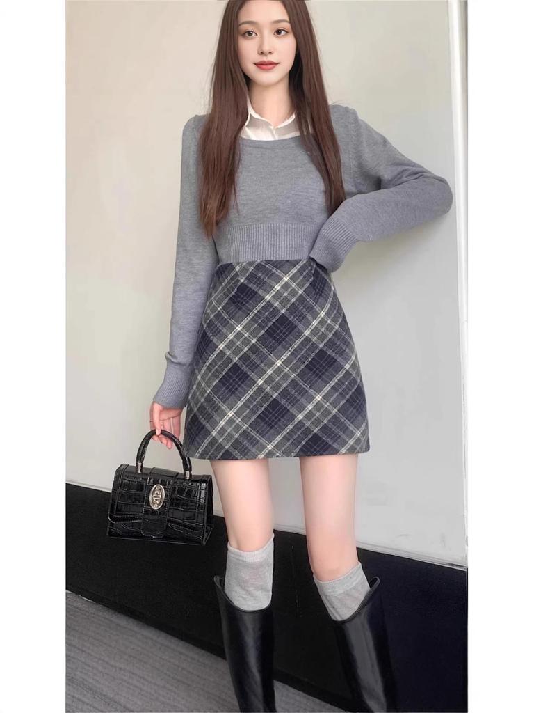 Karriertes Woll-Bodycon-Miniröck in Übergröße - College-Stil für Herbst/Winter