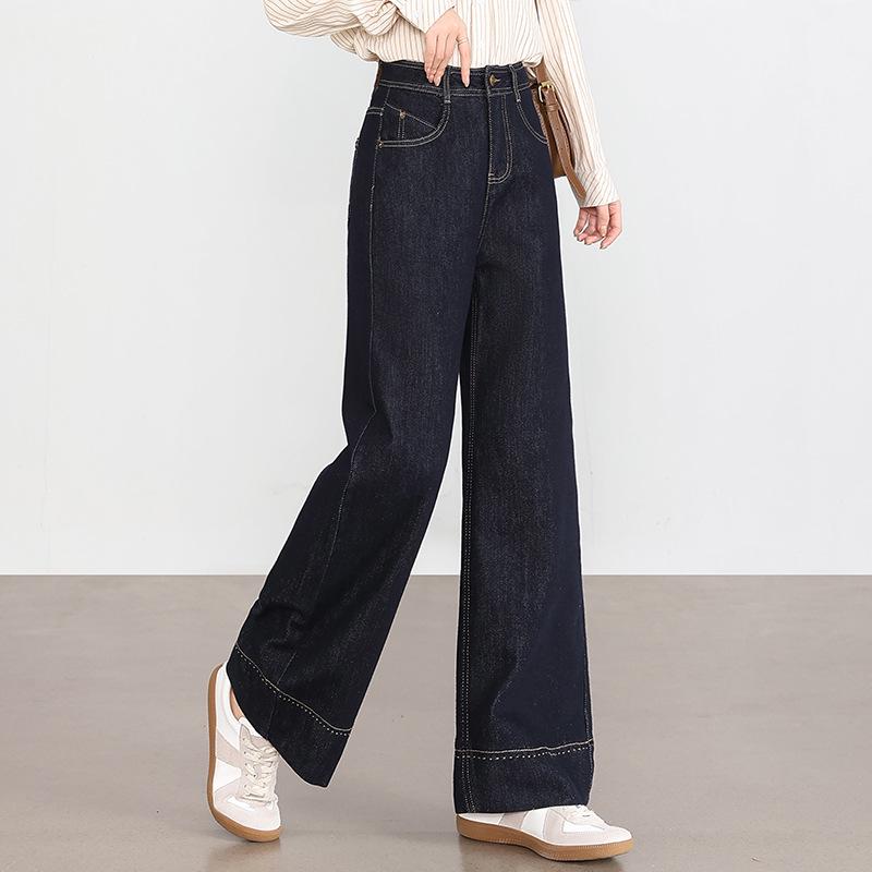 

Женские темно-синие джинсы из денима с высокой посадкой и прямыми штанинами - стиль весна/осень 2025, облегающие, драпирующиеся и свободного кроя. 29 (115-125 lbs)