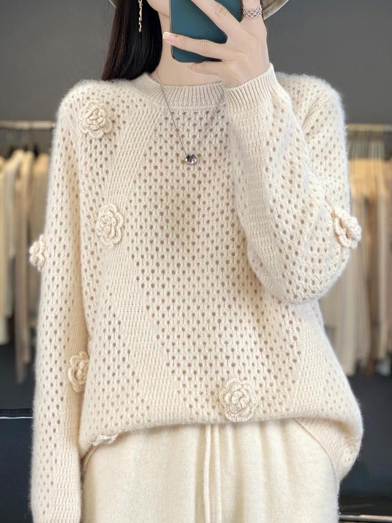 2025 Autumn/Winter Women's Thick Cashmere Hand-Knit Hollow Round Neck Long Sleeve Sweater