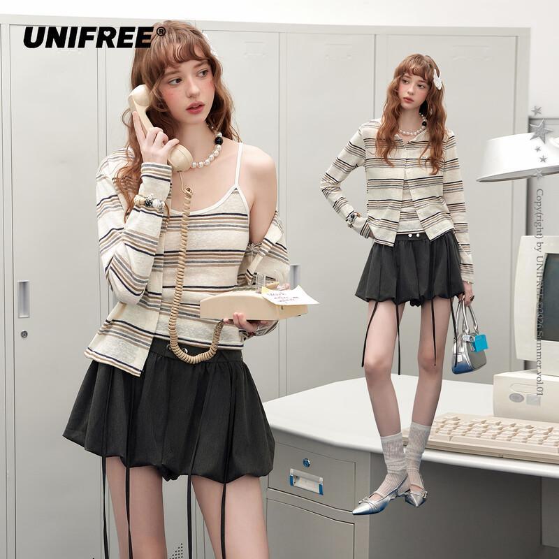 UNIFREE Vintage Striped Two-Piece Cardigan Set One Size