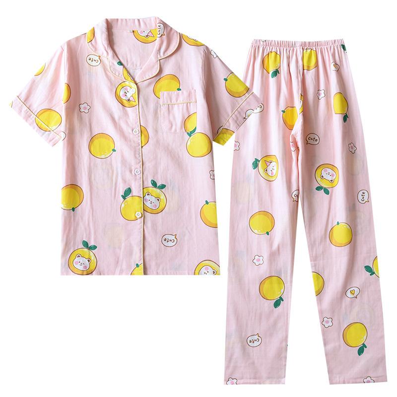 New Spring and Summer Short-sleeved Trousers Pajamas 2-piece Set 100% Cotton Gauze Flower Cartoon Home Wear Set