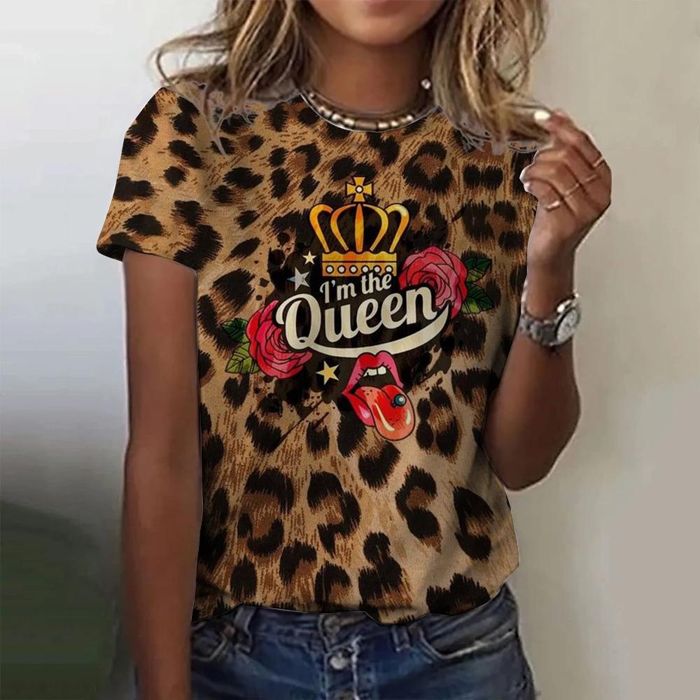 Women's T-shirt Summer Fashion Short Sleeved T-shirt Top Love 3D Printed Round Neck Casual T-shirt Women's Leopard Pattern Clothes Sexy Girl