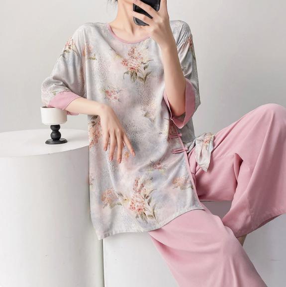 Hanfu pajamas women's spring summer new Chinese-style cotton and silk suit cotton silk medium-sleeved loose loungewear can be worn thin