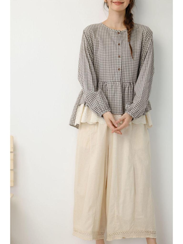 Spring Retro Plaid Patchwork Lace Long Sleeve Shirt - Loose, Versatile & Slimming Pullover Top