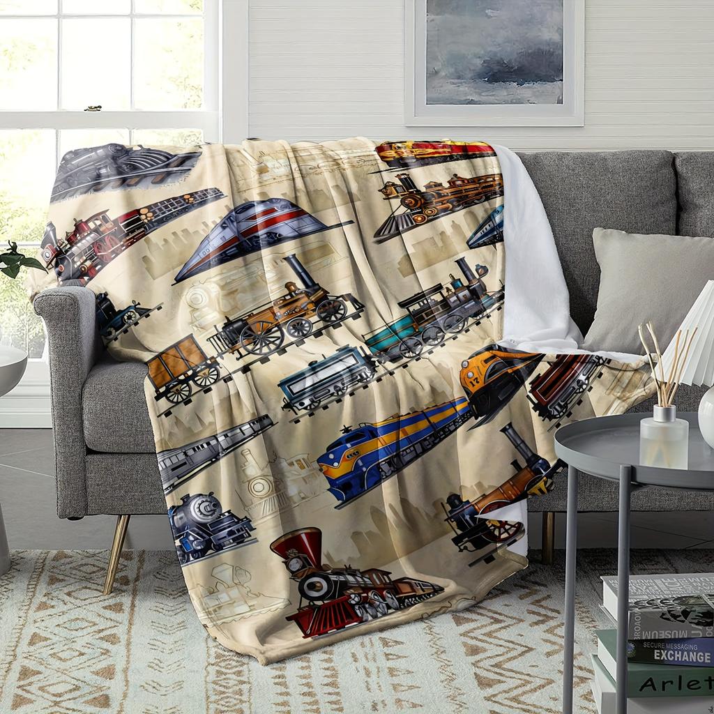 1pc Vintage train themed flannel blanket, sofa bed, office multi-purpose blanket, camping travel outdoor blanket