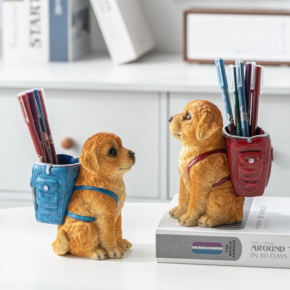 Creative Sculpture Golden Retriever Dog Pen Holder Cute Design Storage Box Pen Holder  Desk Use