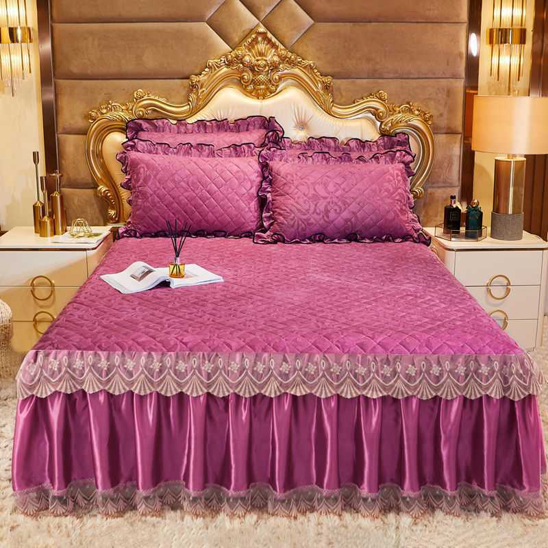 Evropský flanelový prošívaný volán na postel Měkký Elegantní Sametový přehoz s krystaly King Size Krátký plyšový přehoz na postel Polštář není součástí balení