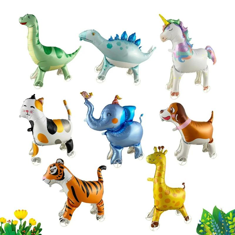 Cartoon Animals Stand Up Aluminum Film Balloons with Wheels Tiger Giraffe Elephant Dinosaur Birthday Party Decoration