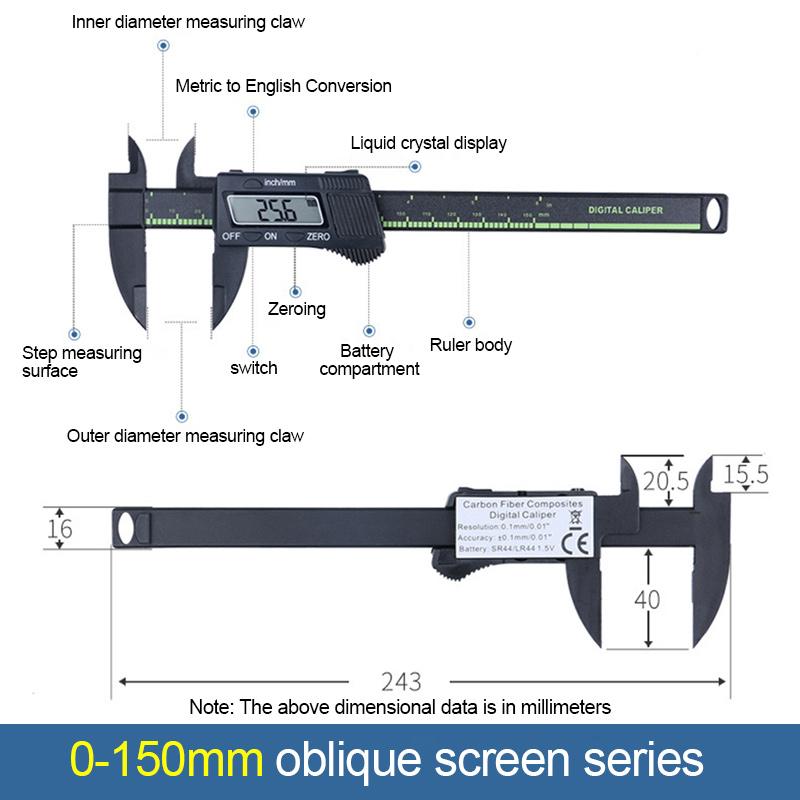 0-150mm Electronic Vernier Caliper Plastic Carbon Fiber Caliper Gauge Metric Imperial Conversions Digital Ruler Measuring Tool