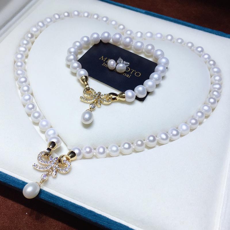 091 Versatile Bow-Design Freshwater Pearl Necklace Set for Women - Multi-Wear Fashion Jewelry
