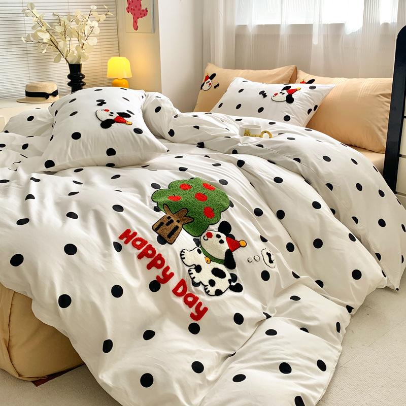 Washed Pure Cotton 4Pcs Set Cotton Towel Embroidered Quilt Cover Soft Skin-Friendly Bed Sheet Mattress