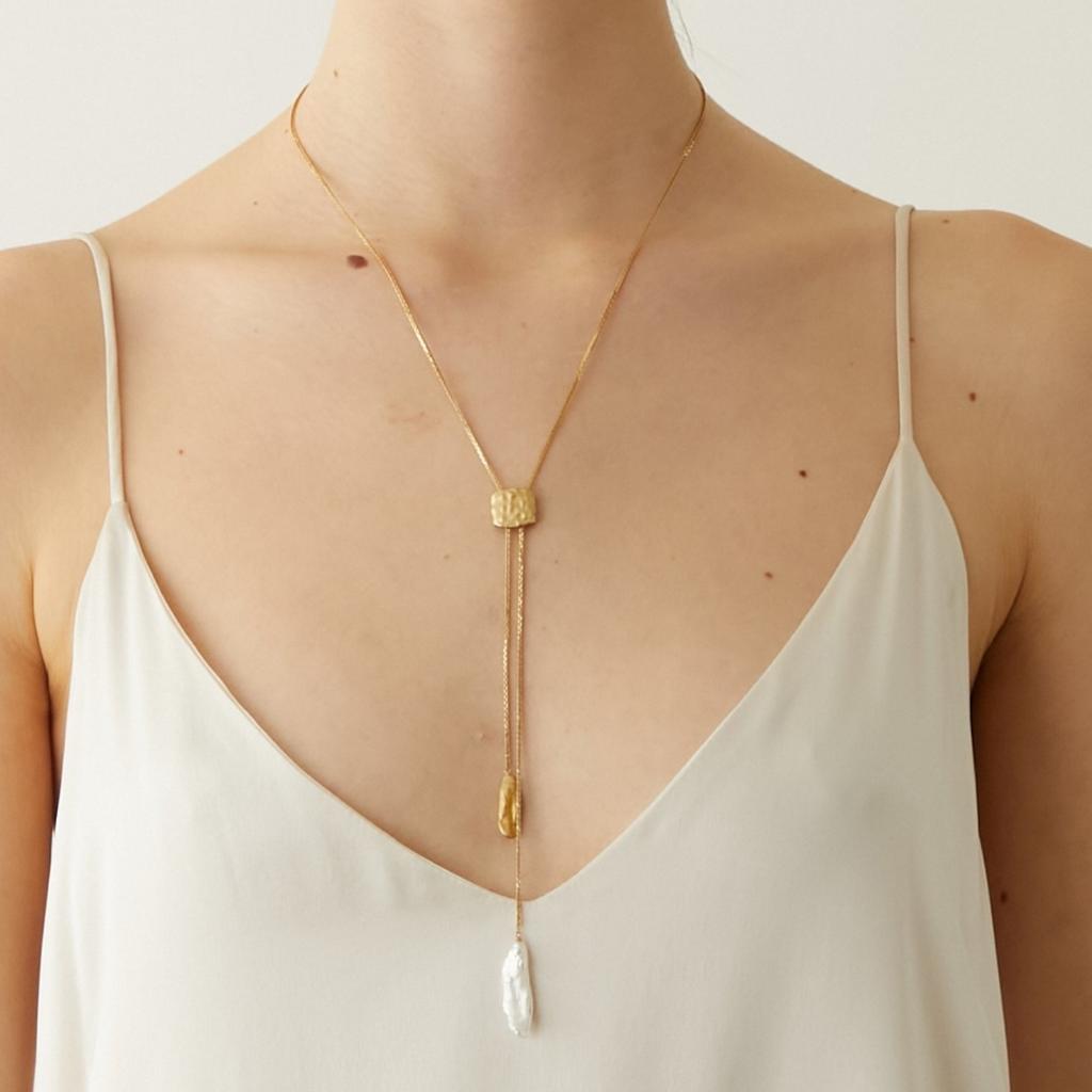 French Light Luxury Copper Plated 18K Real Gold Pull Adjustable Length Pearl Pendant Chain Minimalist Unique Necklace Women
