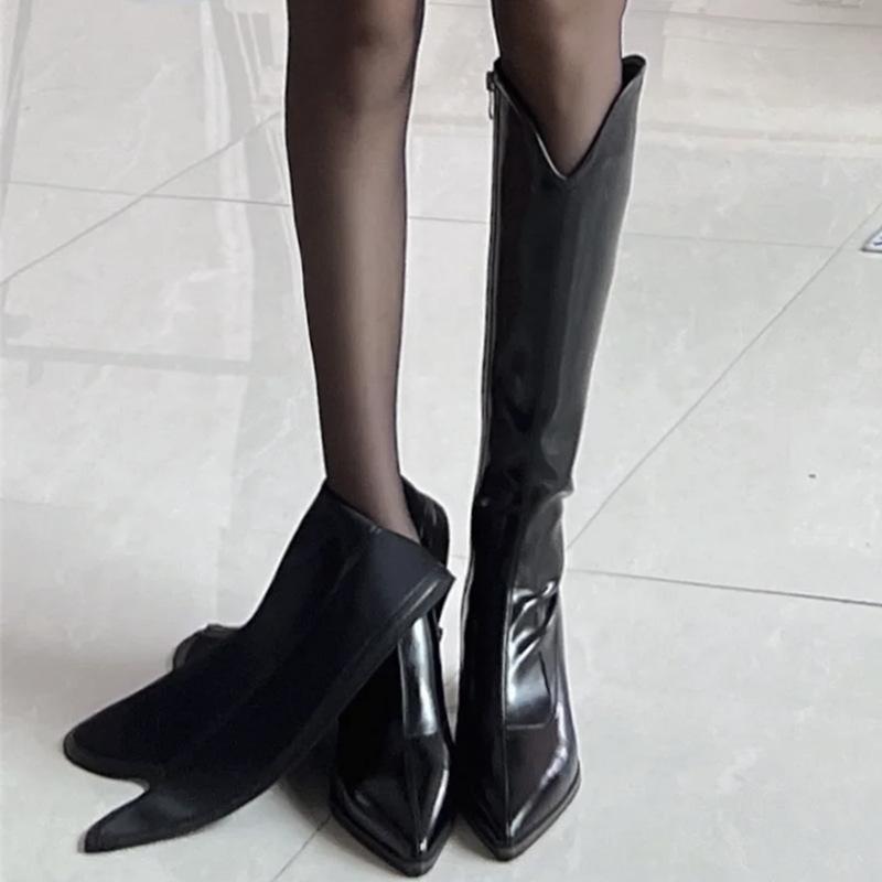 Recommended, skinny legs V-mouth medium boots women's 2024 autumn and winter pointed high-heeled thick-heeled leather boots medium tube side zipper