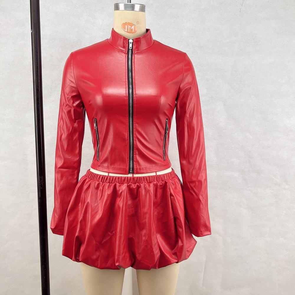 Women's Spring/Summer Standing Collar Zip Top Short Skirt Set