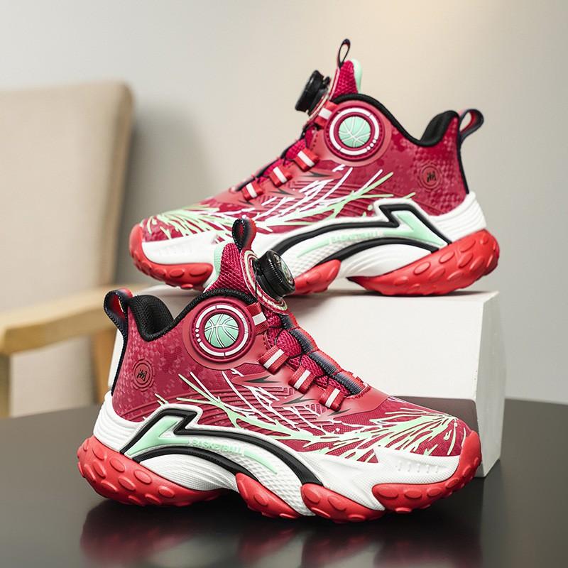Youth Style Shoes Kids Basketball Shoes With Rotating Buckle Lightweight Cushioned Sneakers Indoor Court Use Blue Black Red