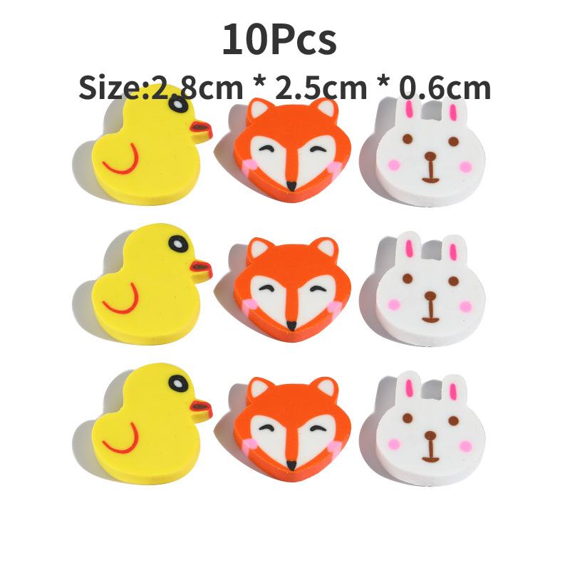 10Pcs/Lot Kawaii Cartoon Animal Pencil Erasers Cute Yellow Duck Rabbit Fox Rubber Easter Rubber School Stationery Student Gift