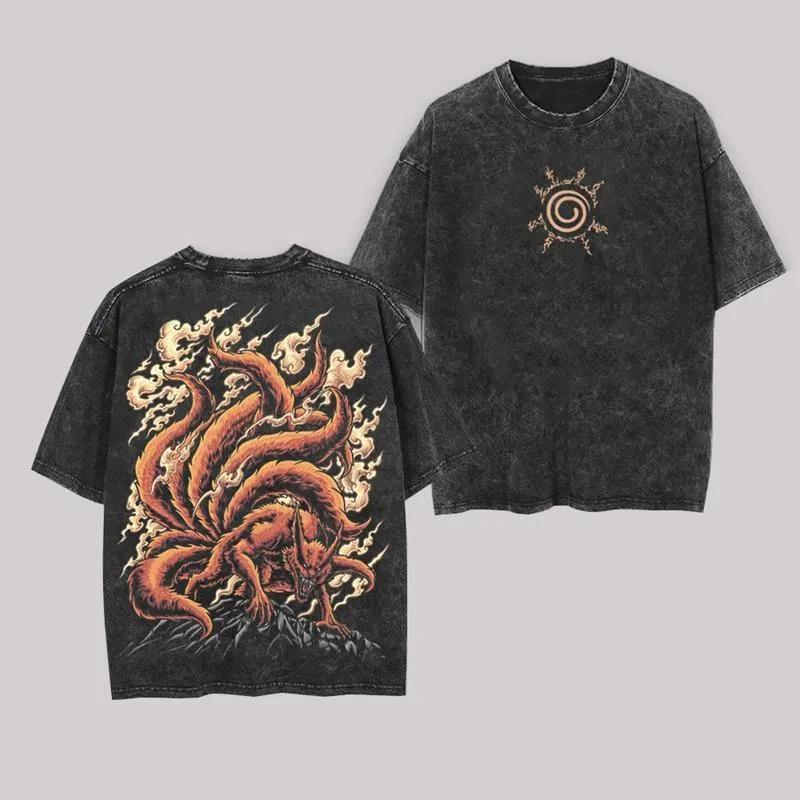 Kurama T Shirt Kyuubi Naruto Vintage Acid Wash Streetwear Nine Tailed Fox Retro Anime Graphic Men Tees Cotton Top 2026 Summer