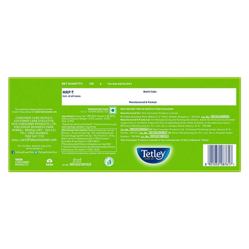 Tetley Green Tea Immune With Vitamin C Ginger Mint Lemon Flavor – 100 Teabags, Refreshing Herbal Blend, Supports Wellness And Hydration