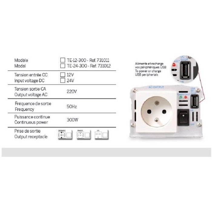 Convertisseur de tension THOMSON - 24V/220 V - 300 W - Prise USB-A 2A - Avec cordon allume cigare