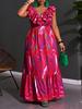 European and American large-size summer new fashion printing vacation ruffle V-neck medium and long dress